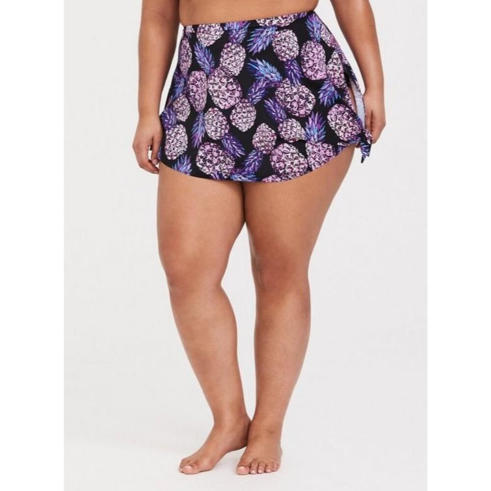 Torrid women's 3 3X purple‎ pineapple high rise mid length side tie swim skirt